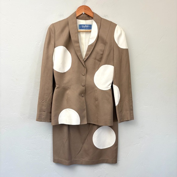 Thierry Mugler Jackets & Blazers - Thierry Mugler Vintage Polka Dot Suit Skirt Set Women Size 40 Beige White Flaws